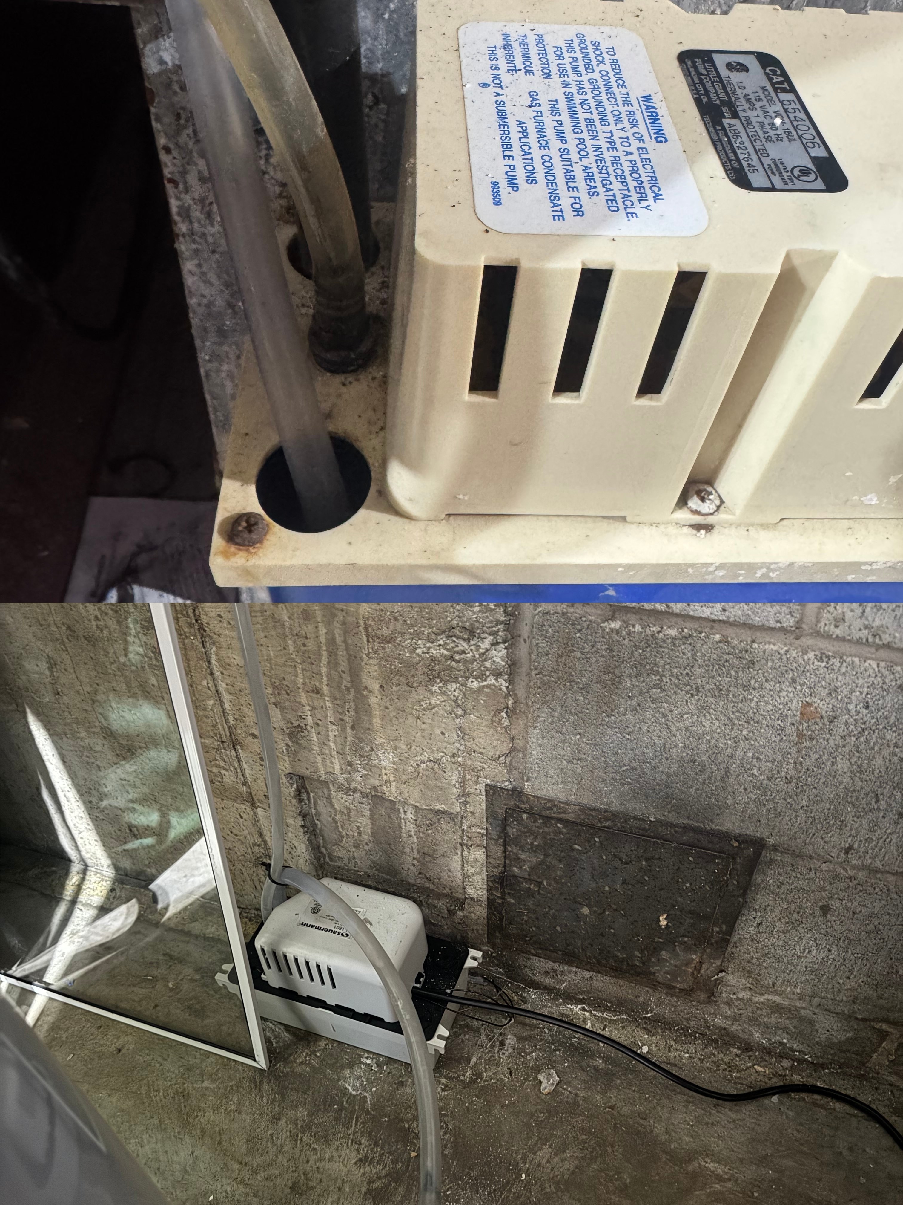 Condensate pump loose on the basement concrete floor, unsecured tubing, and piped into existing A/C pump.